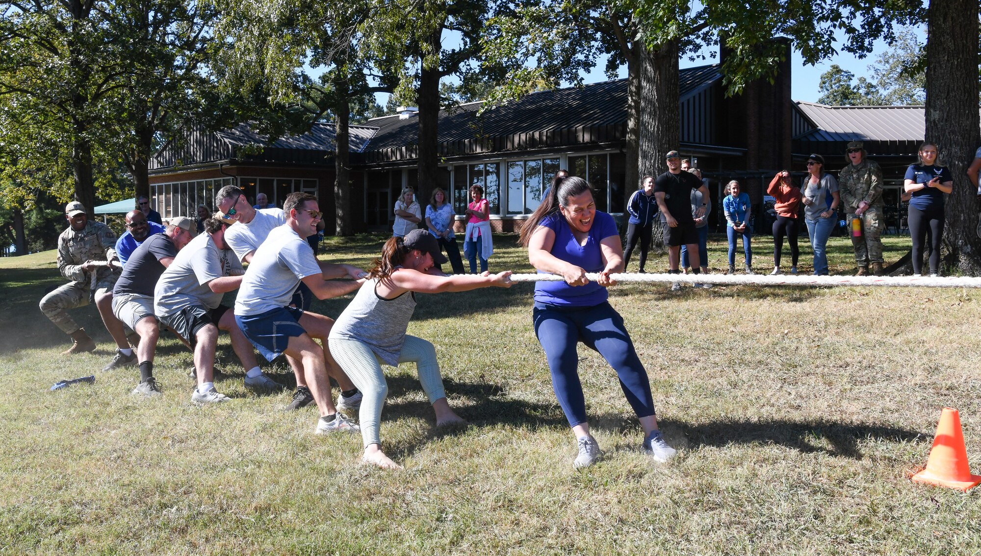 A team pulling on rope during tug-of-war