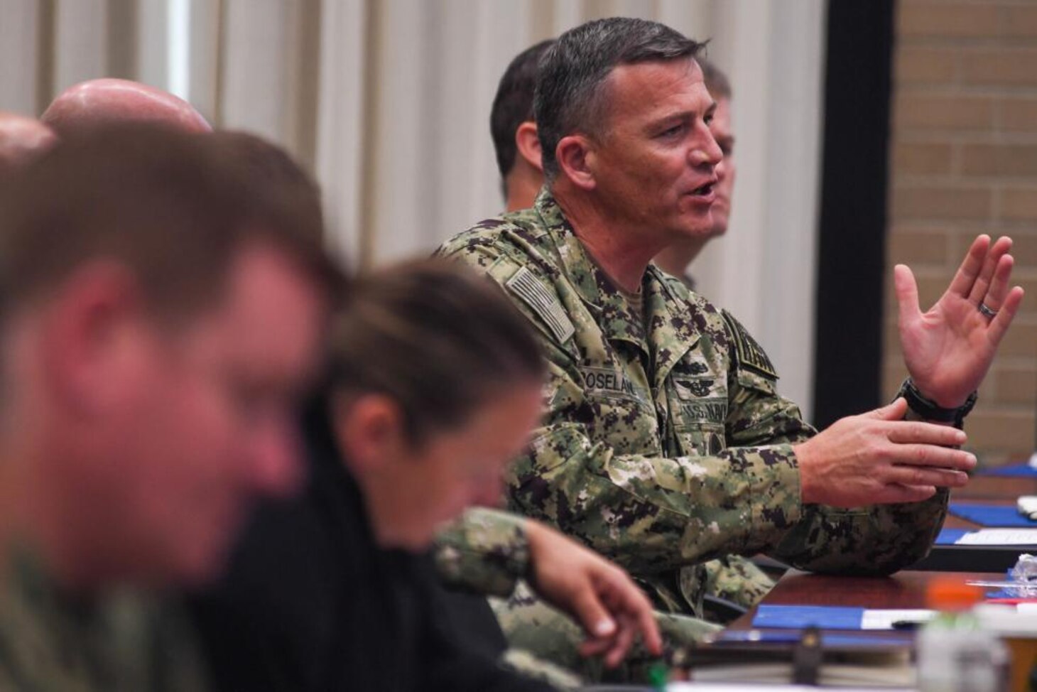 VIRGINIA BEACH, Va. (Oct. 17, 2022) Command Master Chiefs Patrick Roseland, command master chief, Destroyer Squadron 22, asks a question during Naval Surface Force Atlantic (SURFLANT) Commander’s Training Symposium (CTS) 22-2, Oct. 18. CTS is a bi-annual, two-day leadership training event for flag officers, commanding officers, and command senior enlisted leaders across the SURFLANT clamancy. (U.S. Navy photo by Mass Communication Specialist 1st Class Jacob Milham)