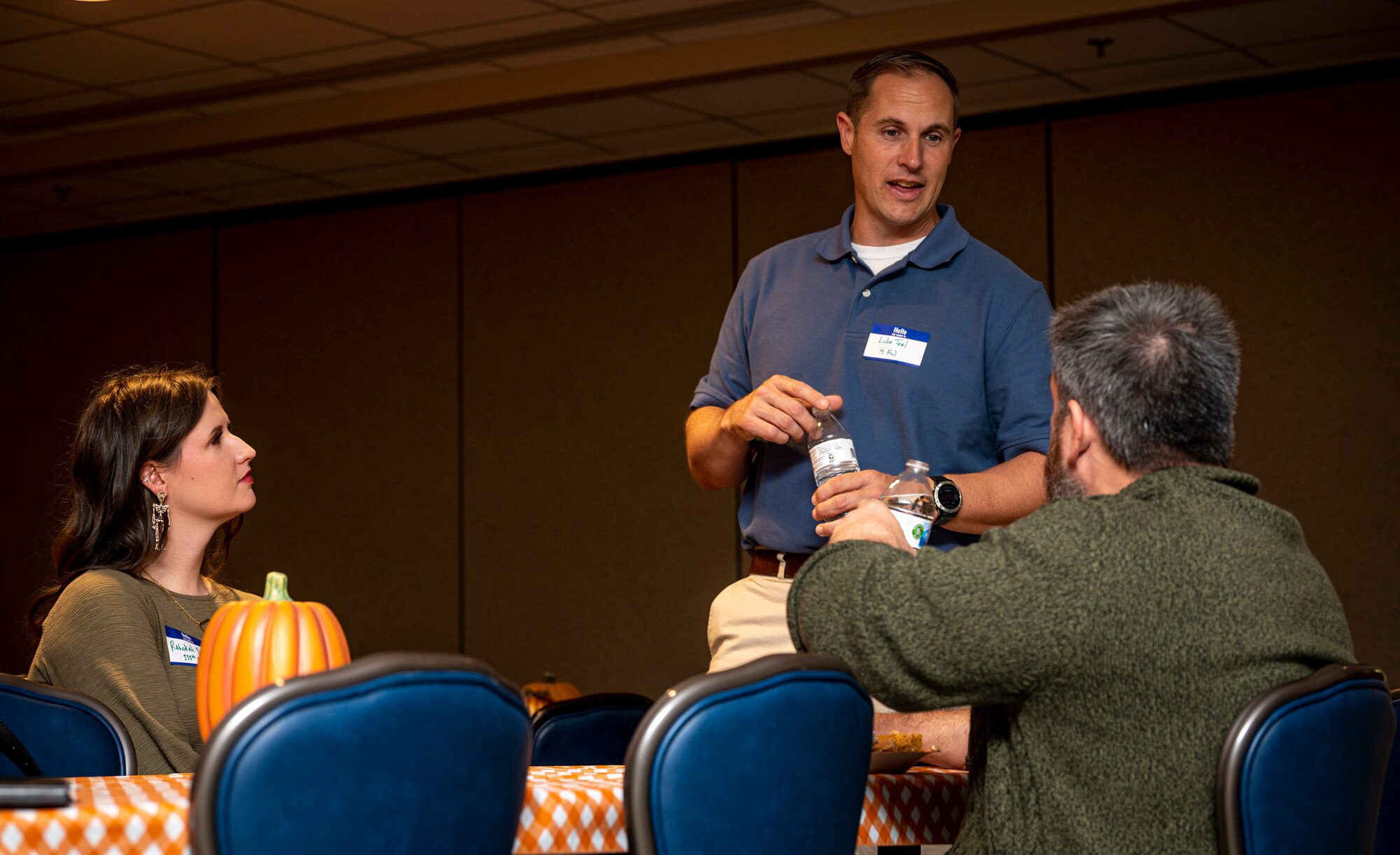 Col. Lucas Teel, 4th Fighter Wing commander, speaks with members of Team Seymour during a key spouses brunch at Seymour Johnson Air Force Base, North Carolina, Oct. 22, 2022. Key spouses are volunteers selected and appointed by the unit commander to act as an official unit representative for families. (U.S. Air Force photo by Airman 1st Class Sabrina Fuller)