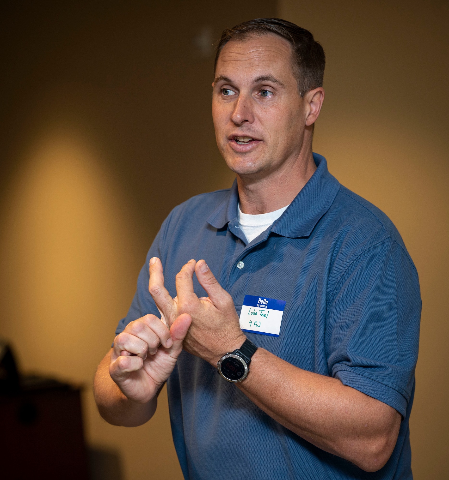 Col. Lucas Teel, 4th Fighter Wing commander, speaks at a key spouse’s brunch, at Seymour Johnson Air Force Base, North Carolina, Oct. 22, 2022. The Key Spouse Program was established to enhance family readiness, strengthen personal and family resilience and foster a sense of community. (U.S. Air Force photo by Airman 1st Class Sabrina Fuller)