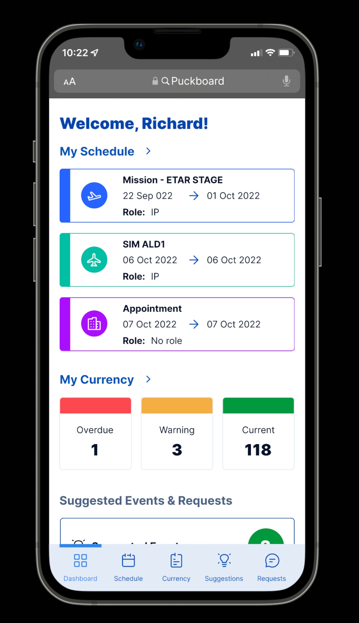 A screenshot of the Puckboard dashboard for individual aircrew to view upcoming events and currency. (Courtesy photo)