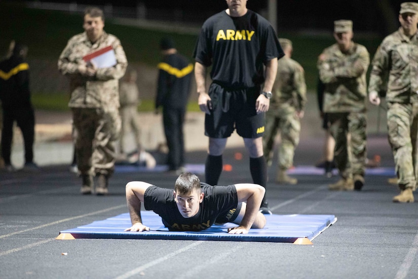 Utah Army National Guard Sgt. Daniel Tuttle, representing the Recruiting and Retention Battalion, begins the physical readiness portion of the German Armed Forces Proficiency Badge conducted during the Utah National Guard Best Warrior Competition at Camp Williams, Utah, Oct. 17, 2022.
