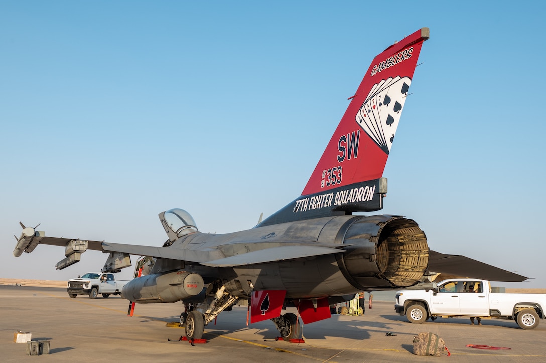 An F-16 Fighting Falcon aircraft, assigned to the 77th Fighter Squadron arrives at Prince Sultan Air Base, Kingdom of Saudi Arabia, Oct. 19, 2022. While assigned to PSAB, the 77th Expeditionary Fighter Squadron mission is to project combat airpower across AFCENT’s area of responsibility, supporting personnel, improving force movement, and showing U.S. and partner nations resolve in the region. (U.S. Air Force photo by Staff Sgt. Shannon Bowman)