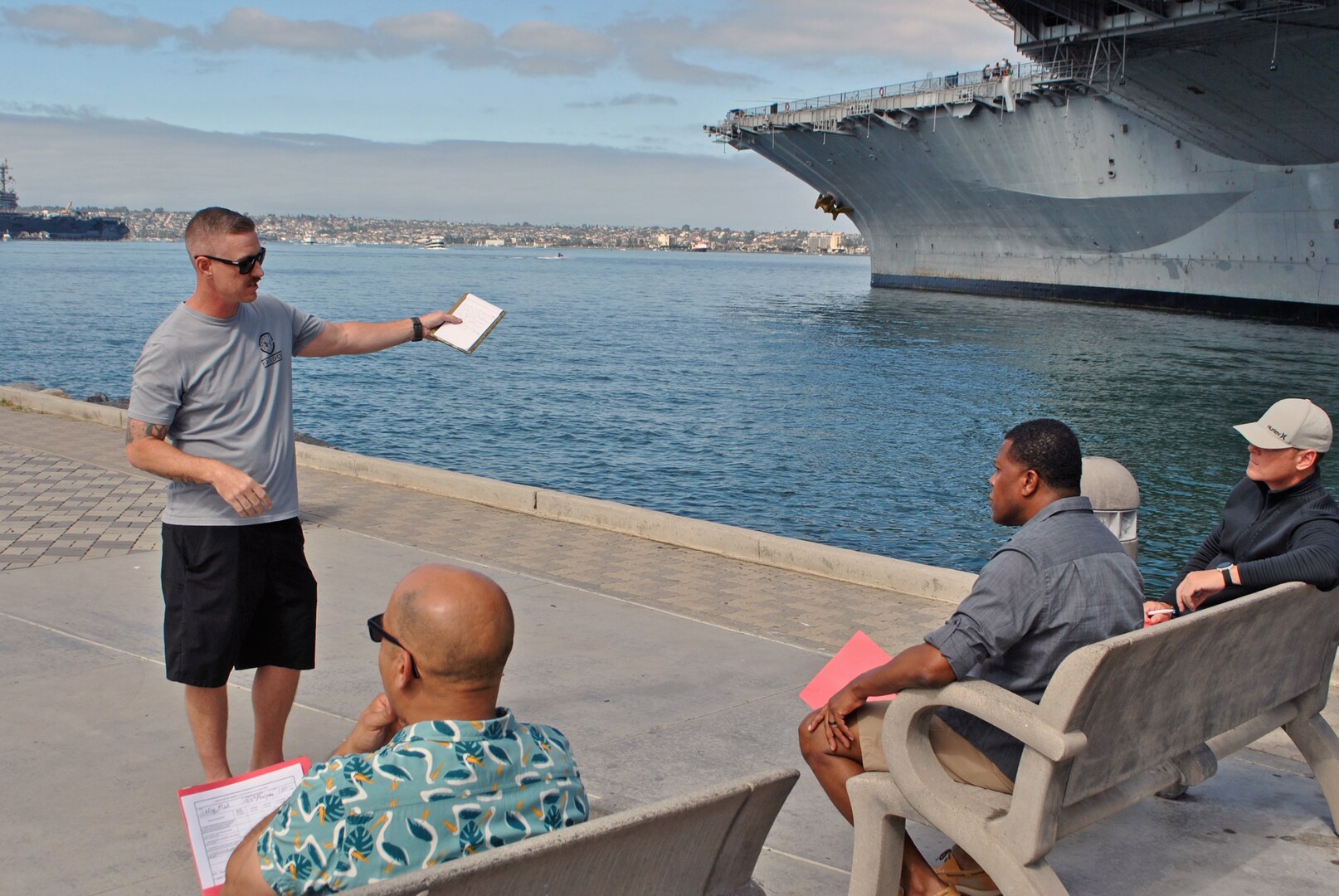 Air Force Senior Master Sgt. Mark Welling (Montgomery MEPS) gives an oral presentation on the USS Midway in San Diego. The oral presentation was one of the various challenges for competitors in the USMEPCOM Military Members of the Year competition.