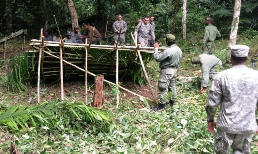 Belize Defence Force members train Louisiana National Guardsmen on constructing a hasty shelter during a jungle-warfare training exercise in Cayo, Belize, July 1, 2014. National Guard courtesy photo