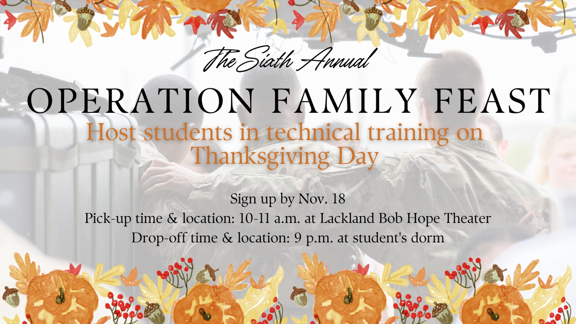 Operation Family Feast graphic with fall-related borders on top and bottom (includes flowers, pumpkins, leaves).