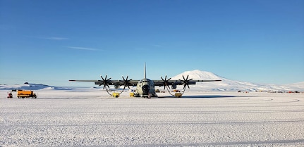 An LC-130 "Skibird" assigned to the New York Air National Guard's 109th Airlift Wing sits at on the skiway at Willliams Field, Antarctica, Feb. 6, 2020. The New York Air National Guard's 109th Airlift Wing flies the largest ski-equipped aircraft in the world and supports Antarctic research.