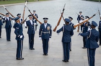 The United States Air Force Honor Guard Drill Team performs their routine during the Joint Services Drill Exhibition Oct. 19, 2022, at the Lincoln Memorial Plaza, Washington, D.C. The Honor Guard Drill Team’s mission is to promote the Air Force mission by showcasing drill performances at public and military venues to recruit, retain and inspire Airmen. (U.S. Air Force photo by Jason Treffry)