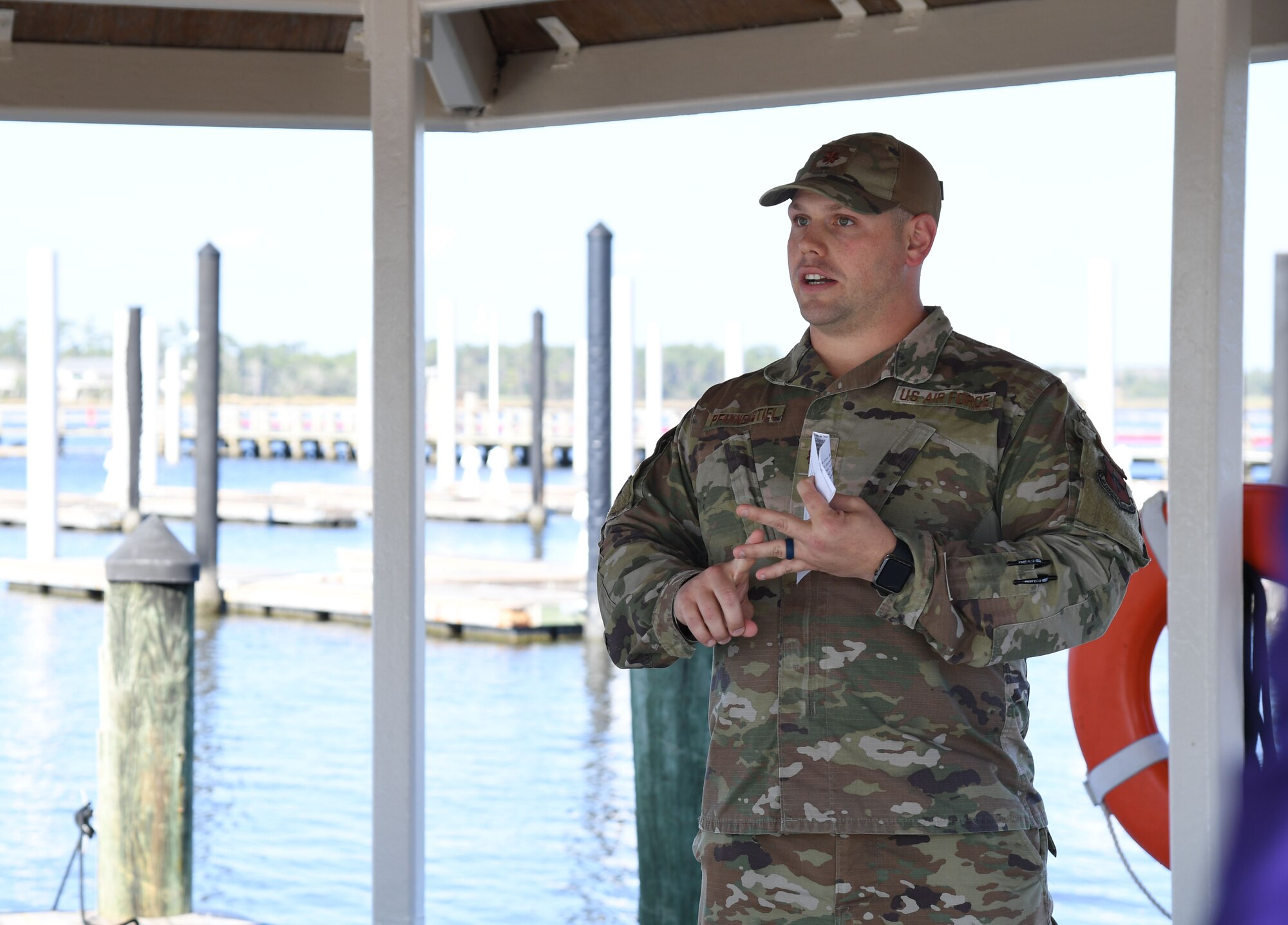 U.S. Air Force Maj. Jacob Pfannenstiel, 81st Force Support Squadron operations officer, delivers remarks during the fuel pier ribbon cutting ceremony at the marina park at Keesler Air Force Base, Mississippi, Oct. 21, 2022.