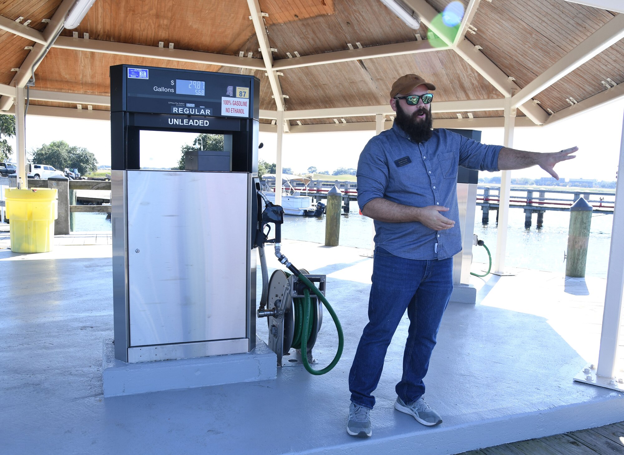 Jacob Craig, 81st Force Support Squadron outdoor recreation deputy director, delivers remarks during the fuel pier ribbon cutting ceremony at the marina park at Keesler Air Force Base, Mississippi, Oct. 21, 2022.