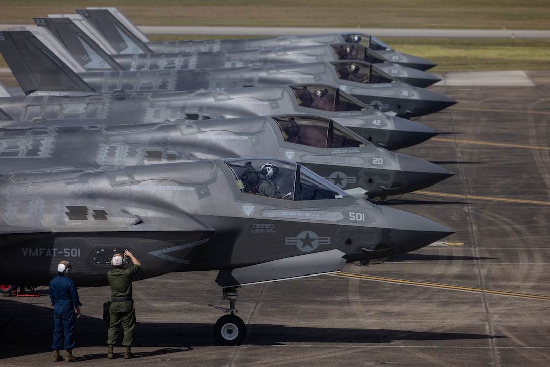 U.S. Marines with Marine Fighter Attack Training Squadron (VMFAT) 501 prepare F-35B Lightning II fighter jets for flight at Naval Air Station Joint Reserve Base (NAS JRB) New Orleans, Louisiana, Oct. 24, 2022. VMFAT-501 deployed to NAS JRB New Orleans to increase entry-level pilots' proficiency in offensive air support, electronic warfare, and routine flight operations for their future fleet assignments. VMFAT-501 is a subordinate unit of 2nd Marine Aircraft Wing, the aviation combat element of II Marine Expeditionary Force. (U.S. Marine Corps photo by Lance Cpl. Elias E. Pimentel III)