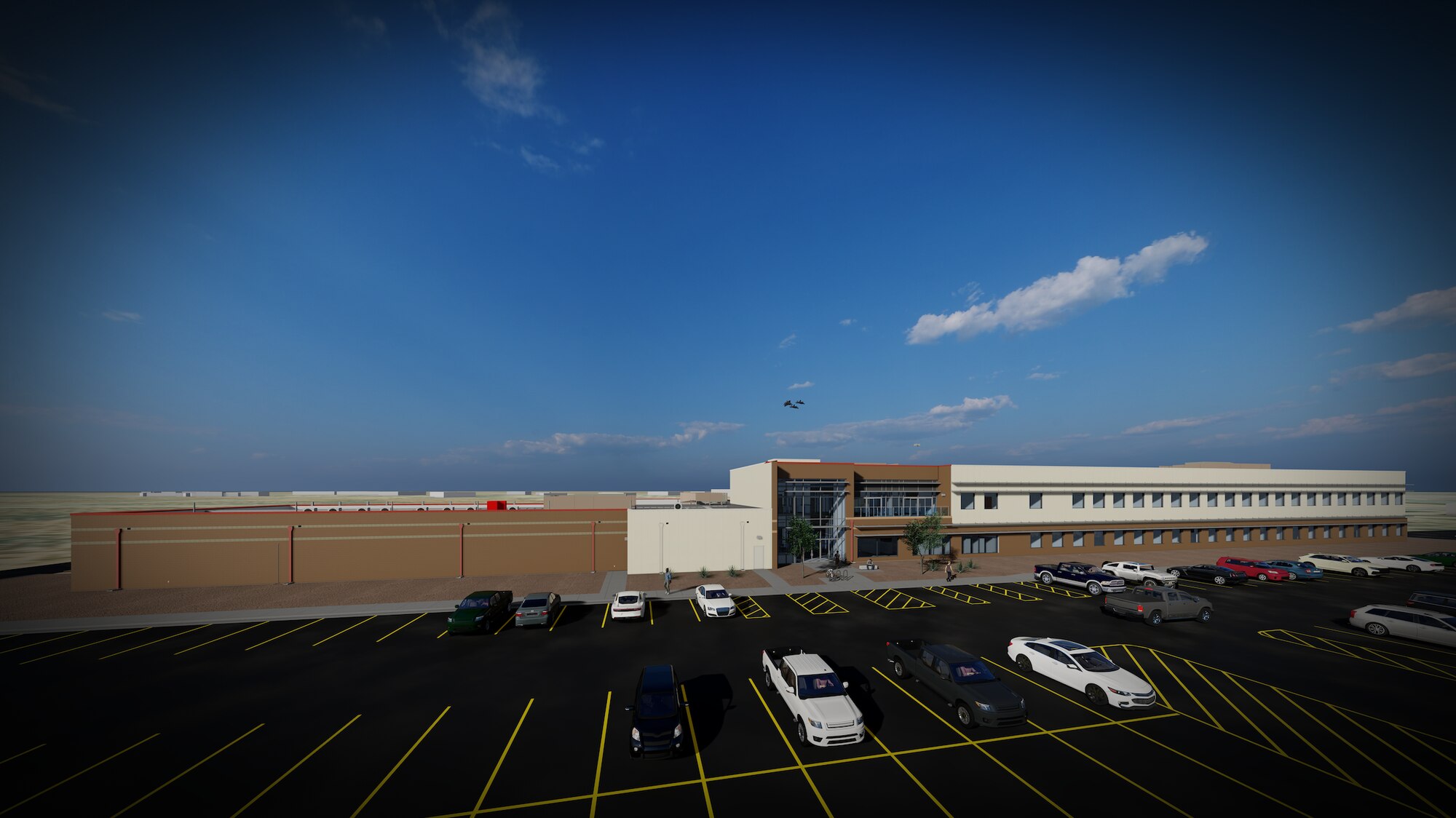 A full digital artist rendering of the 75,000 sq. ft. Flight Test Engineering Laboratory that will provide a modern facility with lab capabilities to support and develop new methodologies and equipment critical for testing cutting edge weapons systems