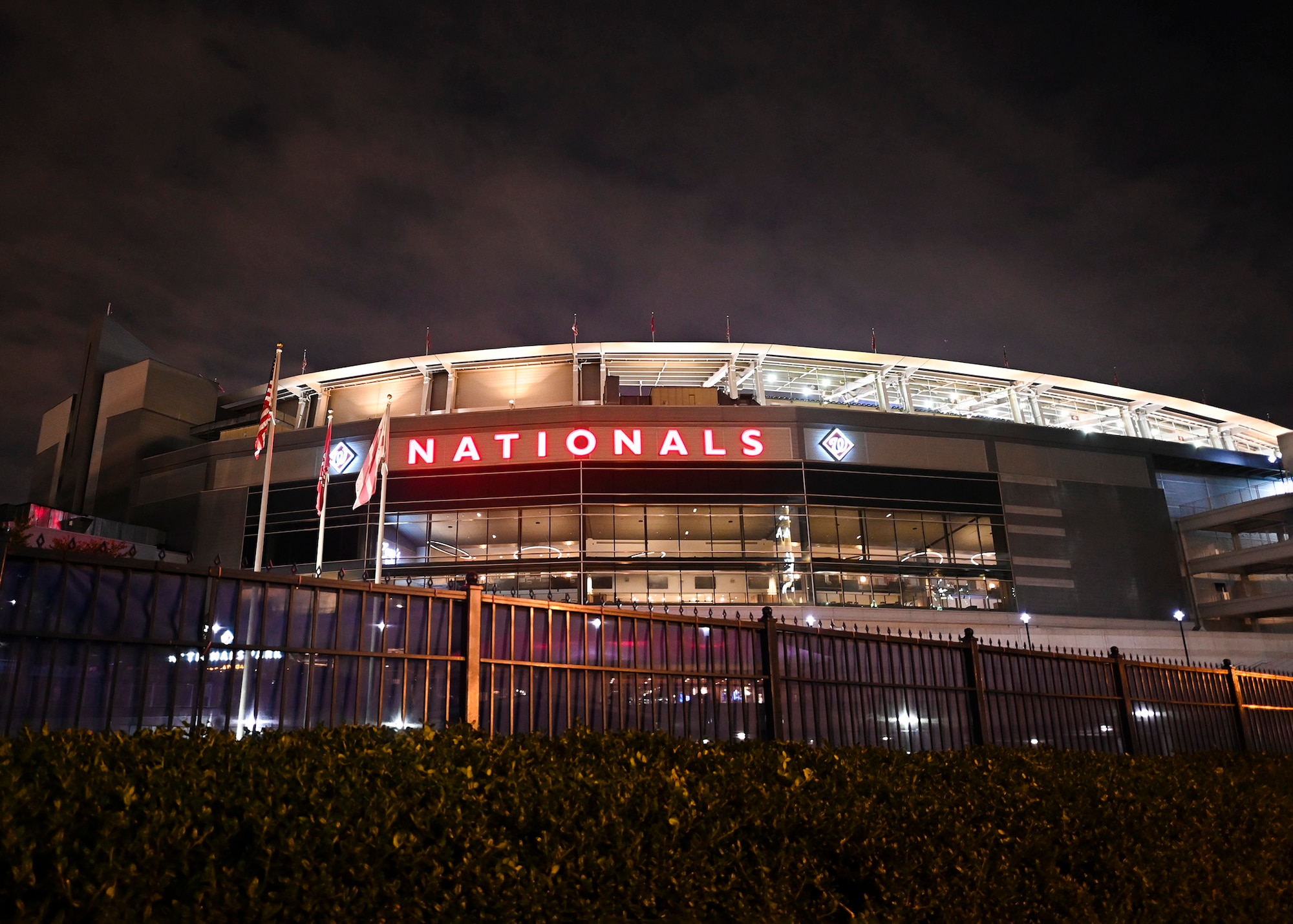 The lights of Nationals Park shine during the Battle of the Bases tournament in Washington, D.C., Oct. 24, 2022.