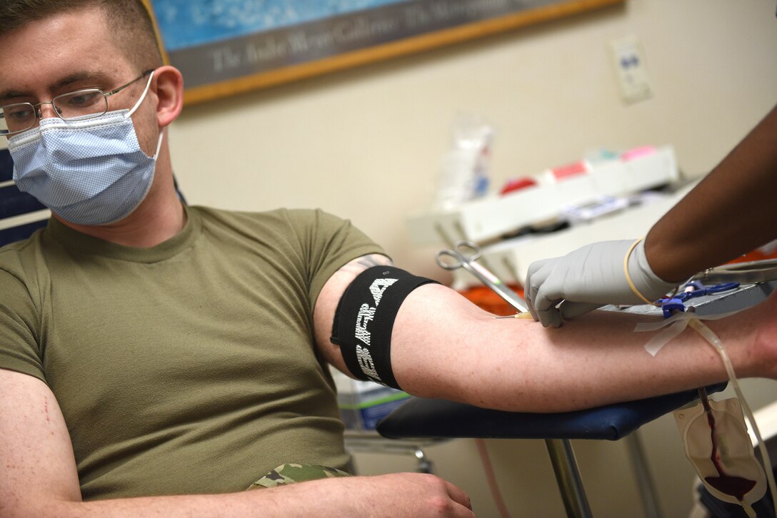 U.S. Army Sgt. Caleb Summers, U.S. Army Medical Department Activity McDonald Army Health Center orthopedic technician, donates blood during an Armed Services Blood Program blood drive at McDonald Army Health Center, Joint Base Langley-Eustis, Va., Oct. 19, 2022.