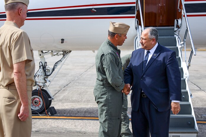 Secretary of the Navy Carlos Del Toro is greeted by Capt. Terrence Shashaty, Naval Air Station (NAS) Pensacola’s commanding officer, during a visit to NAS Pensacola Oct. 13, 2022.
