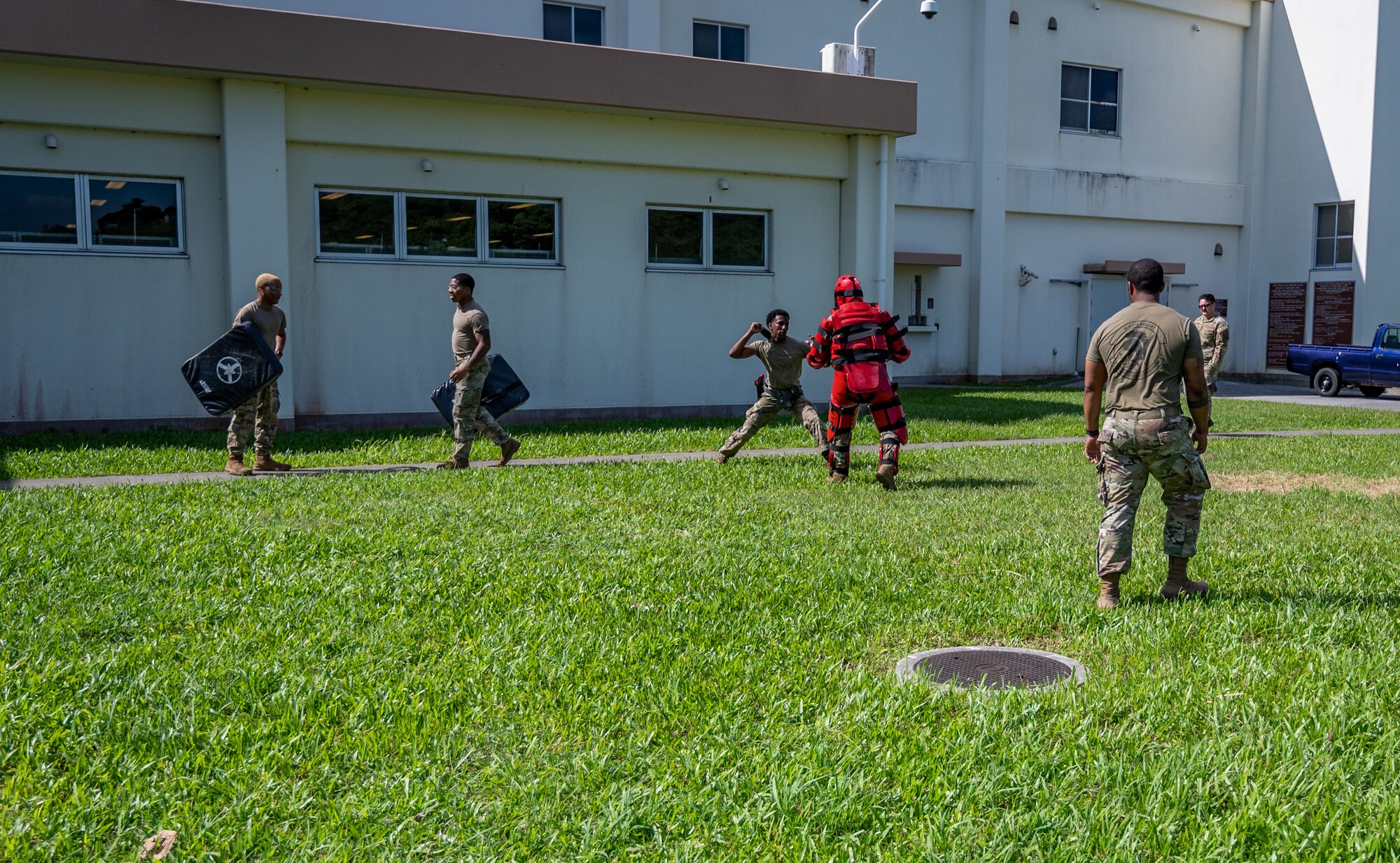 Airmen conduct OC spray training.