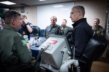 NATO Secretary General Jens Stoltenberg aboard the US aircraft carrier USS George H.W. Bush which is currently participating in NATO’s Neptune Strike deployment in the Mediterranean Sea.