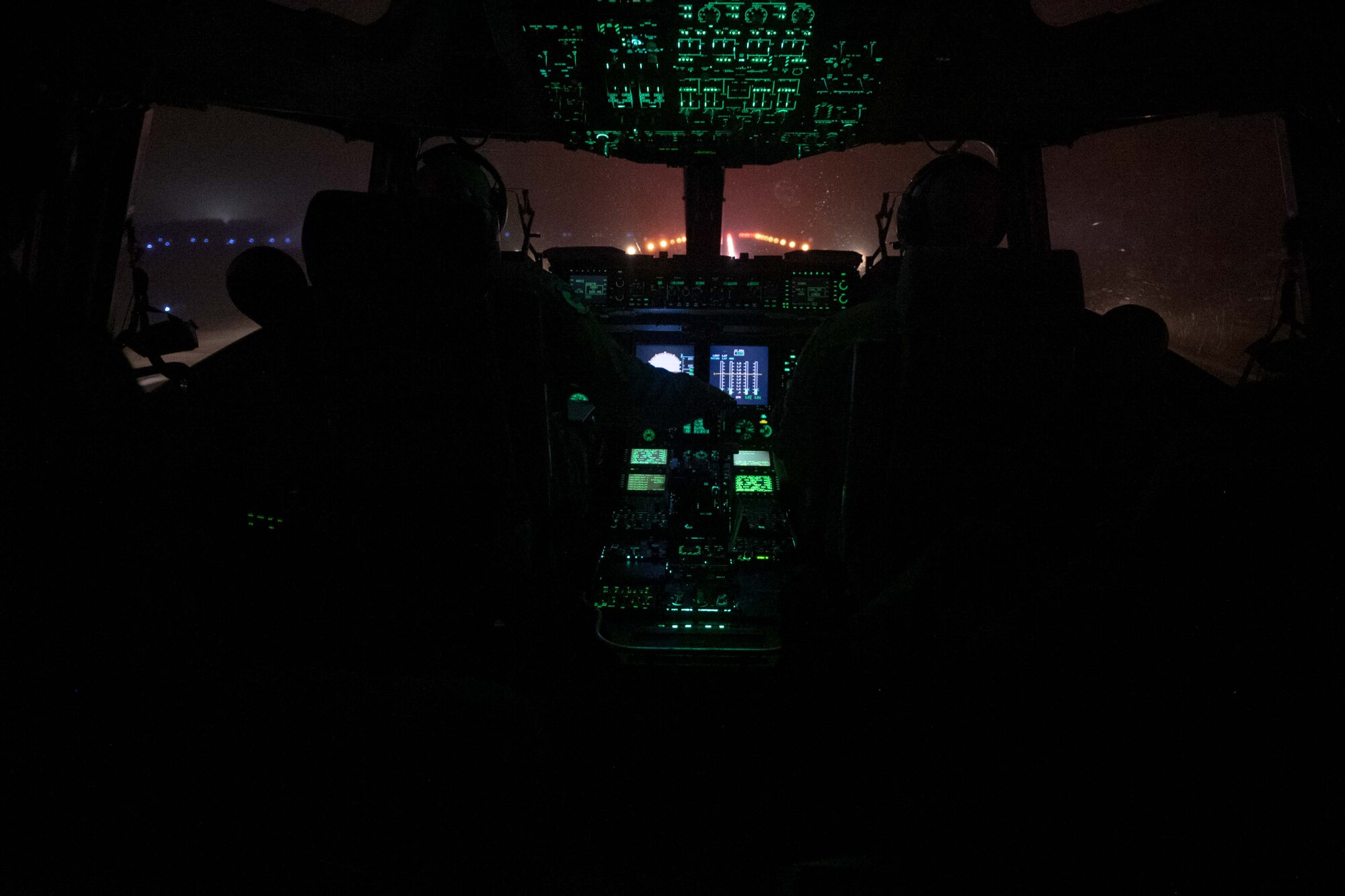 Pilots from the 3rd Airlift Squadron land a C-17 Globemaster III during a local training flight at Dover Air Force Base, Delaware, Oct. 24, 2022. The 3rd AS provides global support through delivery of time-critical assets including cargo and people. The squadron routinely flies training missions to stay ready for global airlift. (U.S. Air Force photo by Senior Airman Faith Barron)