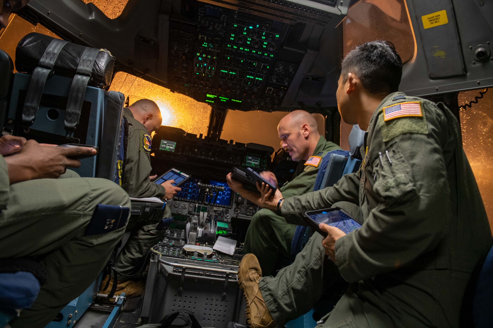 Pilots from the 3rd Airlift Squadron perform preflight checks on a C-17 Globemaster III before a local training flight at Dover Air Force Base, Delaware, Oct. 24, 2022. The 3rd AS operates Dover AFB’s C-17s to fulfill the worldwide air mobility requirements. (U.S. Air Force photo by Senior Airman Faith Barron)