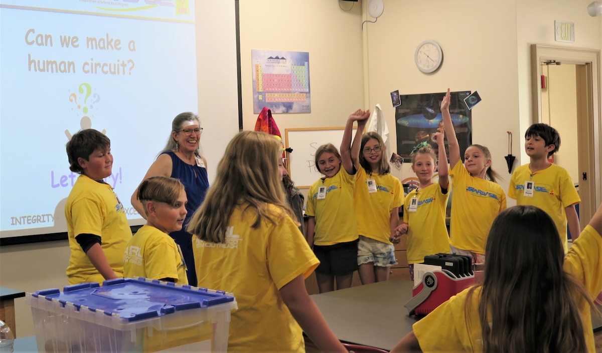 Students from South Mountain Elementary School build a human circuit with instructor Spike at the Air Force Research Laboratory’s STEM Academy instructor, during DOD STARBASE NM, at Kirtland Air Force Base, New Mexico, Sept. 15, 2022. The program was recently elevated to Level-III status, the highest level of accreditation.
