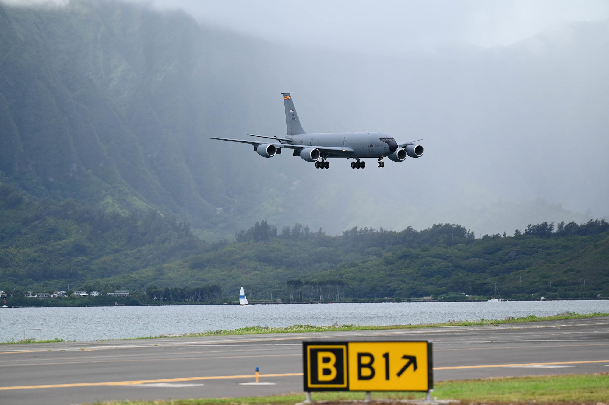 A KC-135 Stratotanker from the 161st Air Refueling Wing returns to Marine Corps Base Hawaii after completing an aerial refueling mission during an exercise Oct. 14, 2022. This multiday flyaway readiness exercise was the first of its kind performed by an Air National Guard air refueling wing focused on the Department of the Air Force’s priority of Agile Combat Employment.