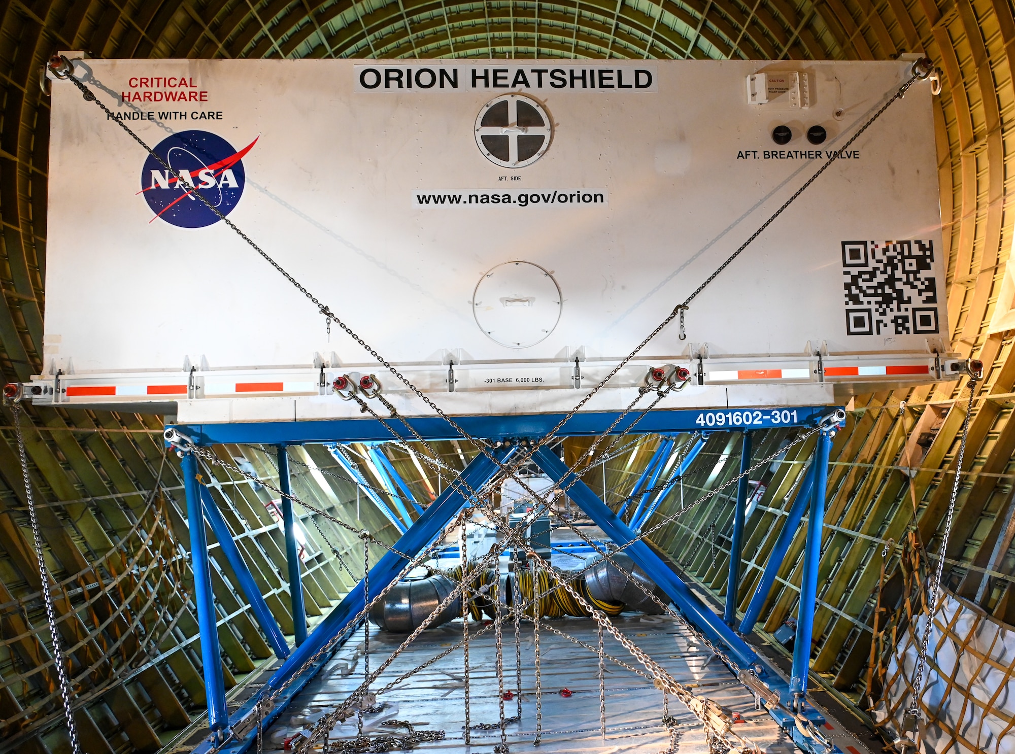 Orion heatshield cargo container inside aircraft
