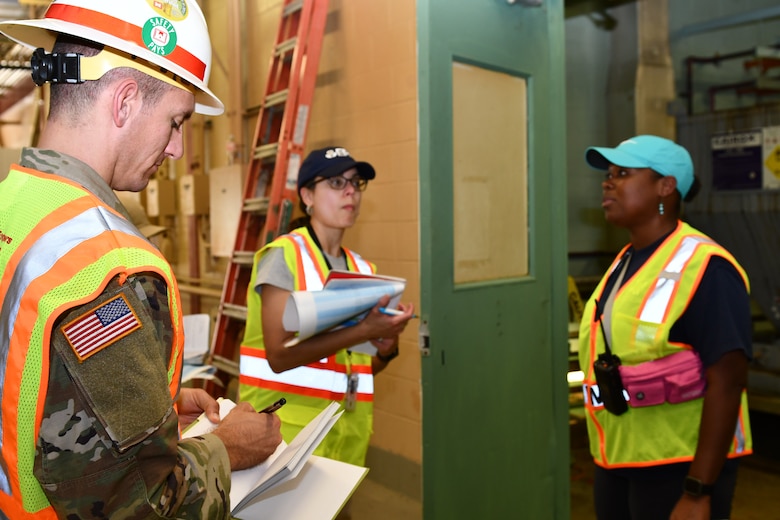 USACE Vicksburg District hydraulic engineer Capt. Hayden Schappell takes notes in the chemical house at O.B. Curtis Water Treatment Plant in Jackson, Mississippi, during an interagency site visit on Sept. 26.