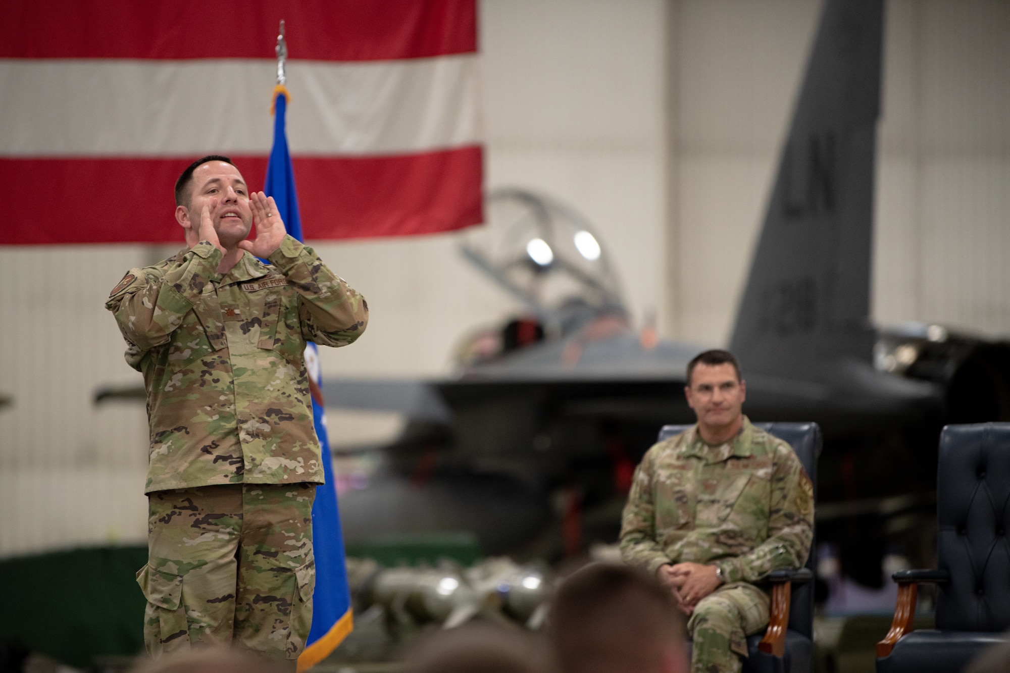 U.S. Air Force Maj. Steve Ortner leads the squadron chant.