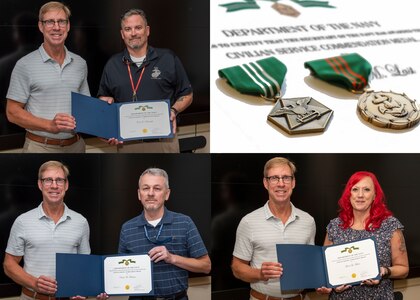 (left) Naval Surface Warfare Center Panama City Division (NSWC PCD) Technical Director Dr. Peter Adair recognizes three of the Navy Lab's General Equipment (GE) Branch personnel who recently received U.S. Navy Civilian Service Medals for their role in helping NSWC PCD obtain the first ever perfect score during the 2021 - 2022 Naval Sea Systems Command Warfare Center Headquarters Property Assessment. (counterclockwise from top left) Eric Kosmoski, NSWC PCD GE lead, received the U.S. Navy Civilian Service Commendation Medal. Donn Brown, NSWC PCD General Equipment inventory manager, and Lorri Tucker, NSWC PCD GE Financial Management analyst, were both awarded the U.S. Navy Civilian Service Achievement Medal.  (U.S. Navy photos by Eddie Green and Jeremy Roman)