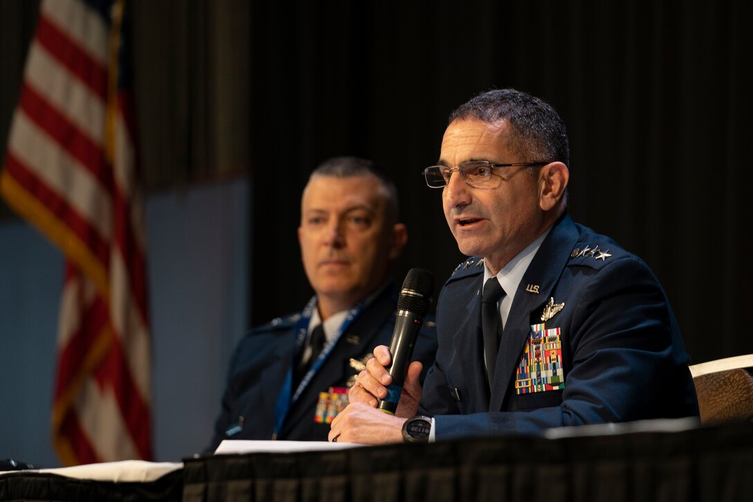 A photo of Lt. Gen. David Nahom speaking to AFN convention attendees.