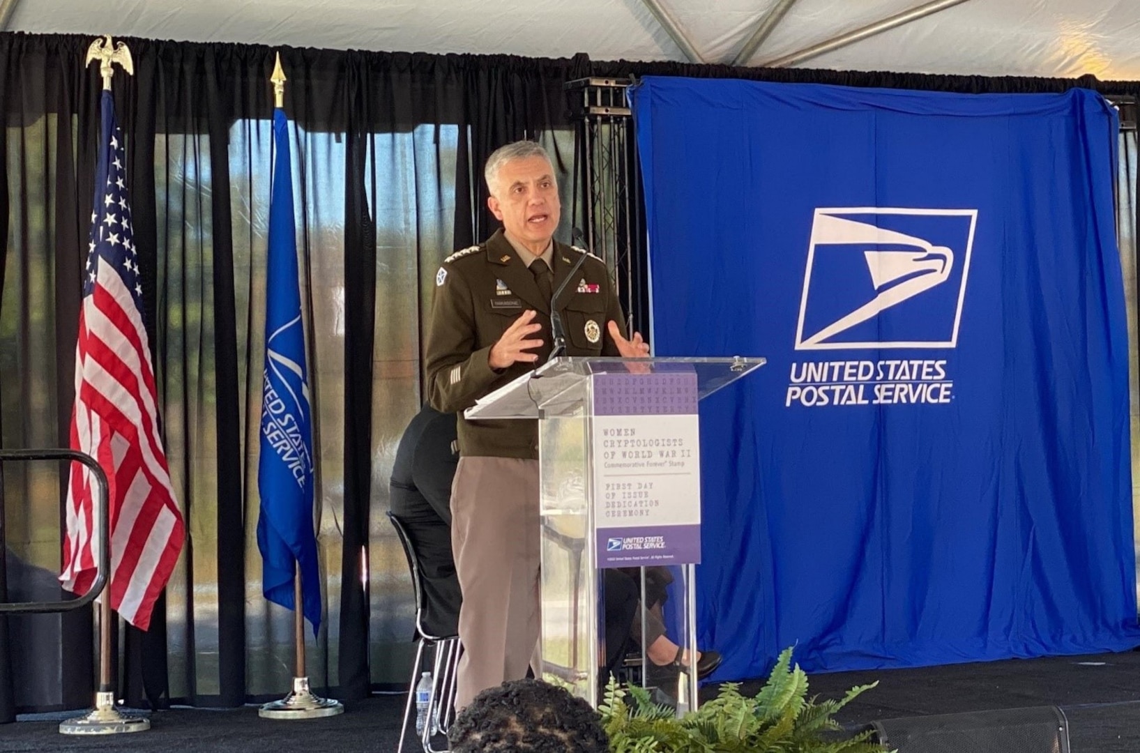 GEN Nakasone delivers remarks during the first-day-of-issue ceremony for the Women Cryptologists of World War II Forever stamp on October 18, 2022 at the National Cryptologic Museum.
