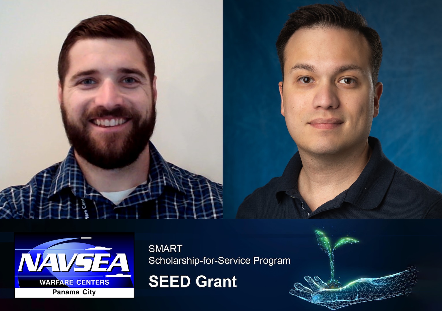 (left) Dr. Aaron Blevins and Dr. Jorge Jimenez, Naval Surface Warfare Center Panama City Division X Department engineers, are the Navy Lab’s latest Science, Mathematics, and Research for Transformation (SMART) SEED scholars within the field of artificial intelligence and autonomy for Fiscal Year 2023. This program awards these grants to SMART scholars who have completed their Ph.D. degree and are beginning their careers as a new DoD researcher. (U.S. Navy photos by Anthony Powers)