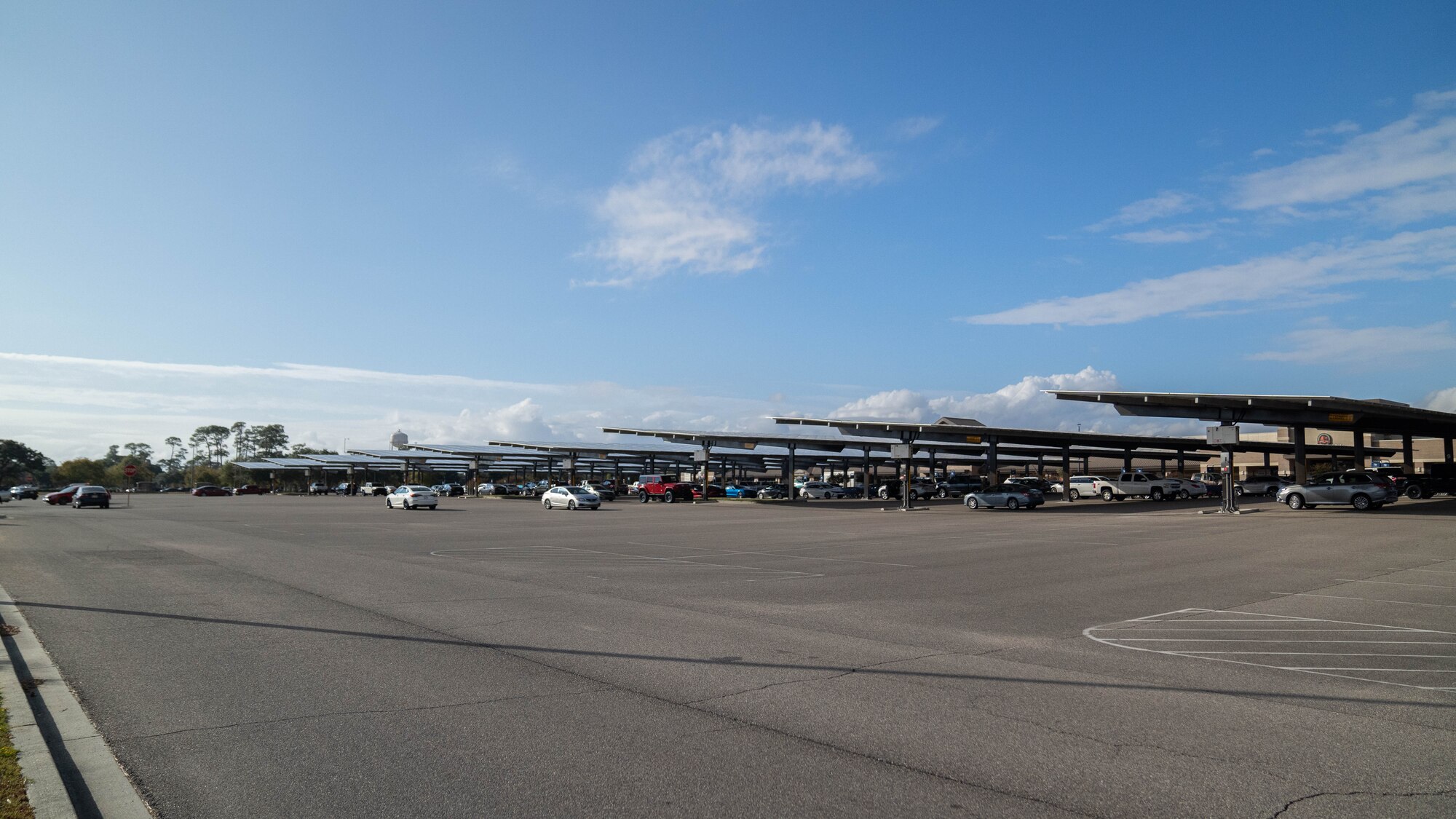 A solar panel array covers the Commissary and Base Exchange parking lot at Keesler Air Force Base, Mississippi, Oct. 25, 2022.