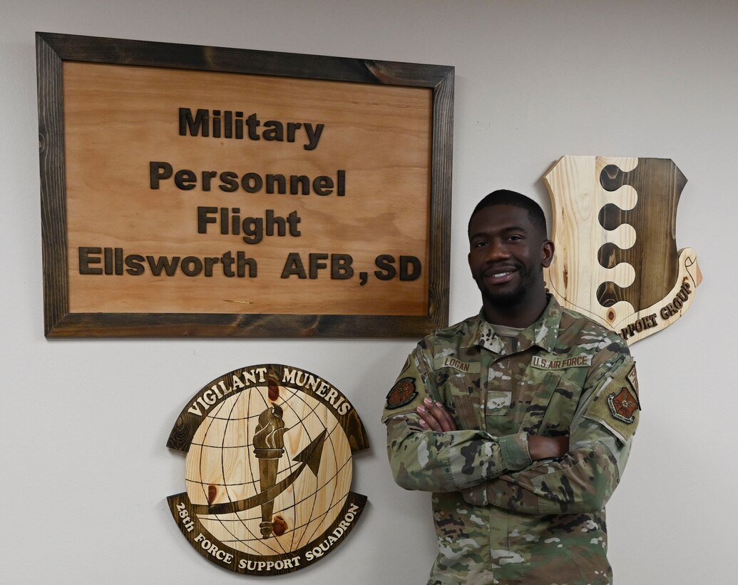 Airman 1st Class Javaris Logan, 28th Force Support Squadron enlisted promotions and retention technician, poses for a photo at Ellsworth Air Force Base, S.D., Oct. 26, 2022.