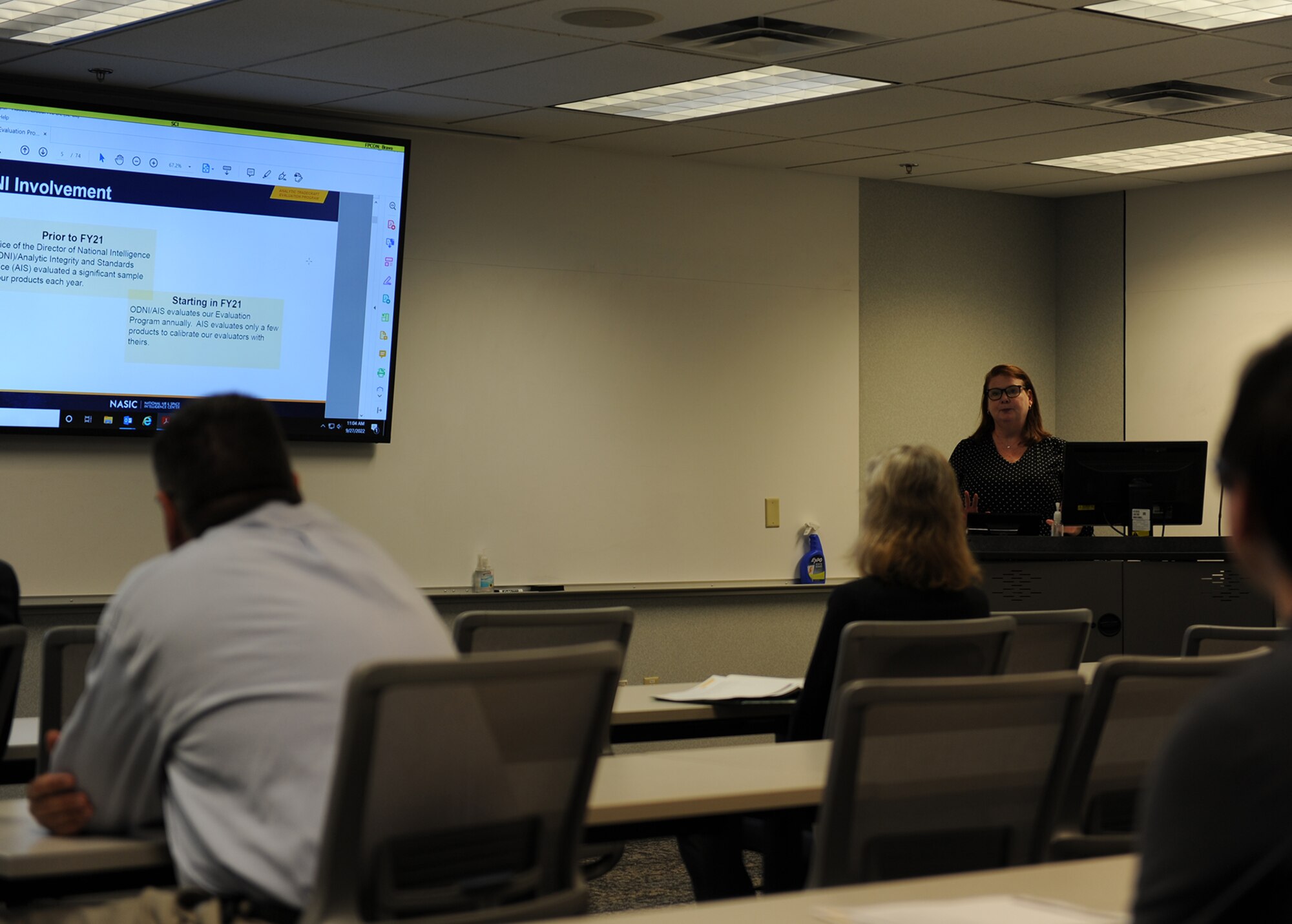 Kim Fike, National Air and Space Intelligence Center analytic tradecraft evaluation program instructor, provides a course on the program during UpSkill Intensives -- a professional development week put on by NASIC at Wright-Patterson Air Force Base, Ohio, Sept. 27, 2022. The event offered 33 courses throughout the week tailored into three categories: essential skills, shared knowledge of python and machine learning, and mission briefs. (U.S. Air Force photo by Senior Airman Kristof J. Rixmann)