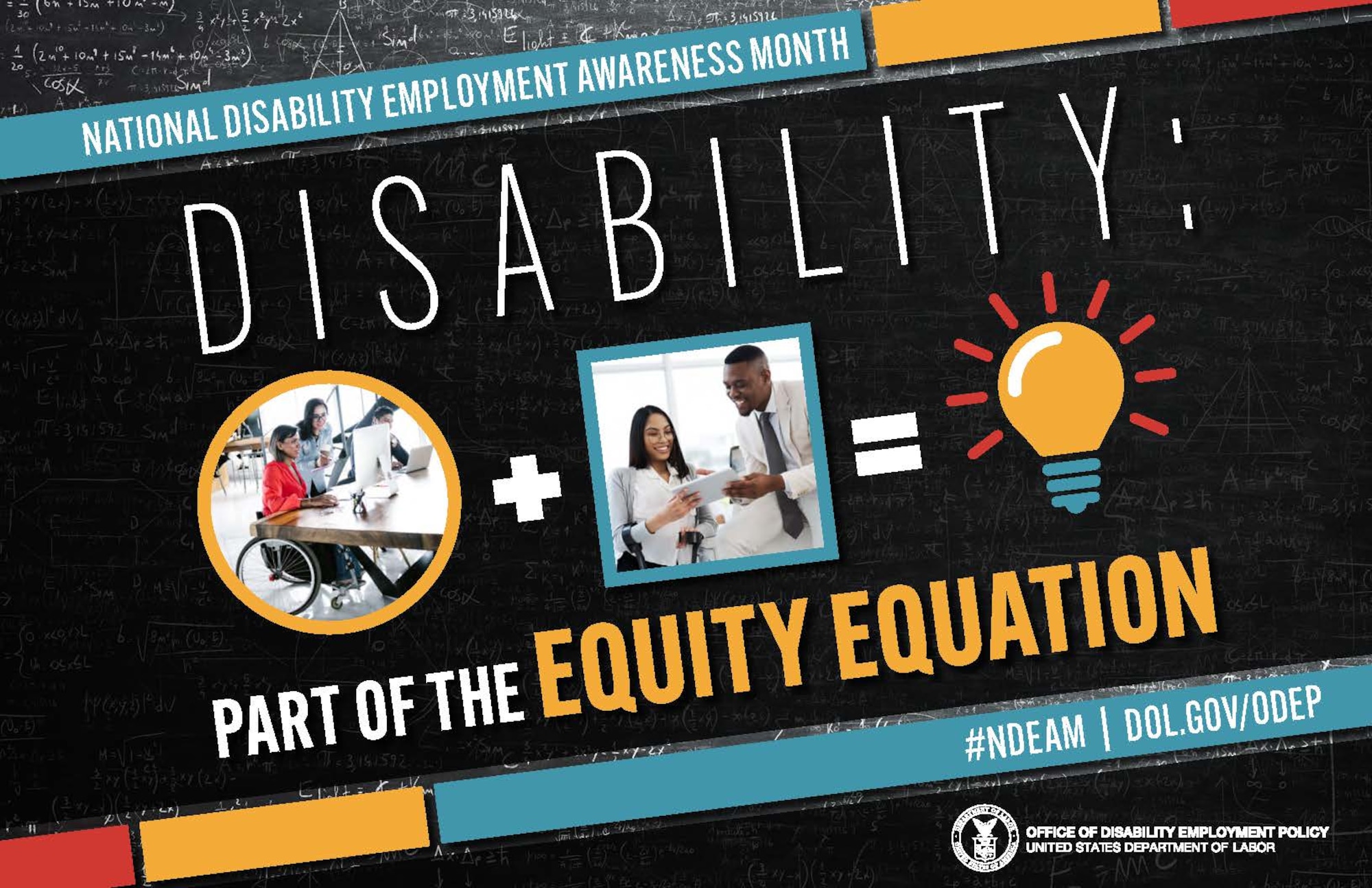 "Disability: Part of the equity equation" graphic featuring a photo of a woman in a wheelchair on a computer, a plus sign graphic, and a photo of a man and a woman talking an "equals" graphic next to a light bulb clip art.