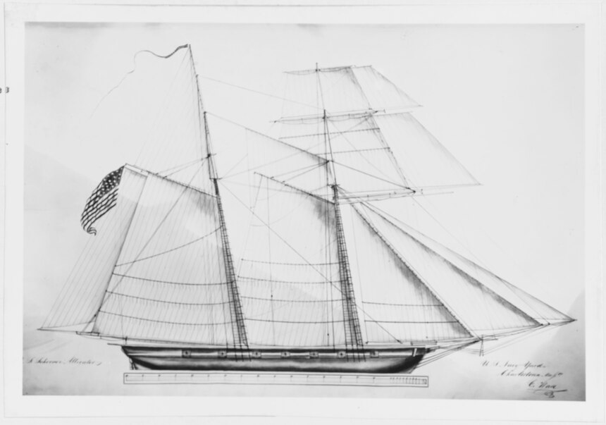 U.S. Schooner Alligator plans of spars and sails at Boston Navy Yard.
