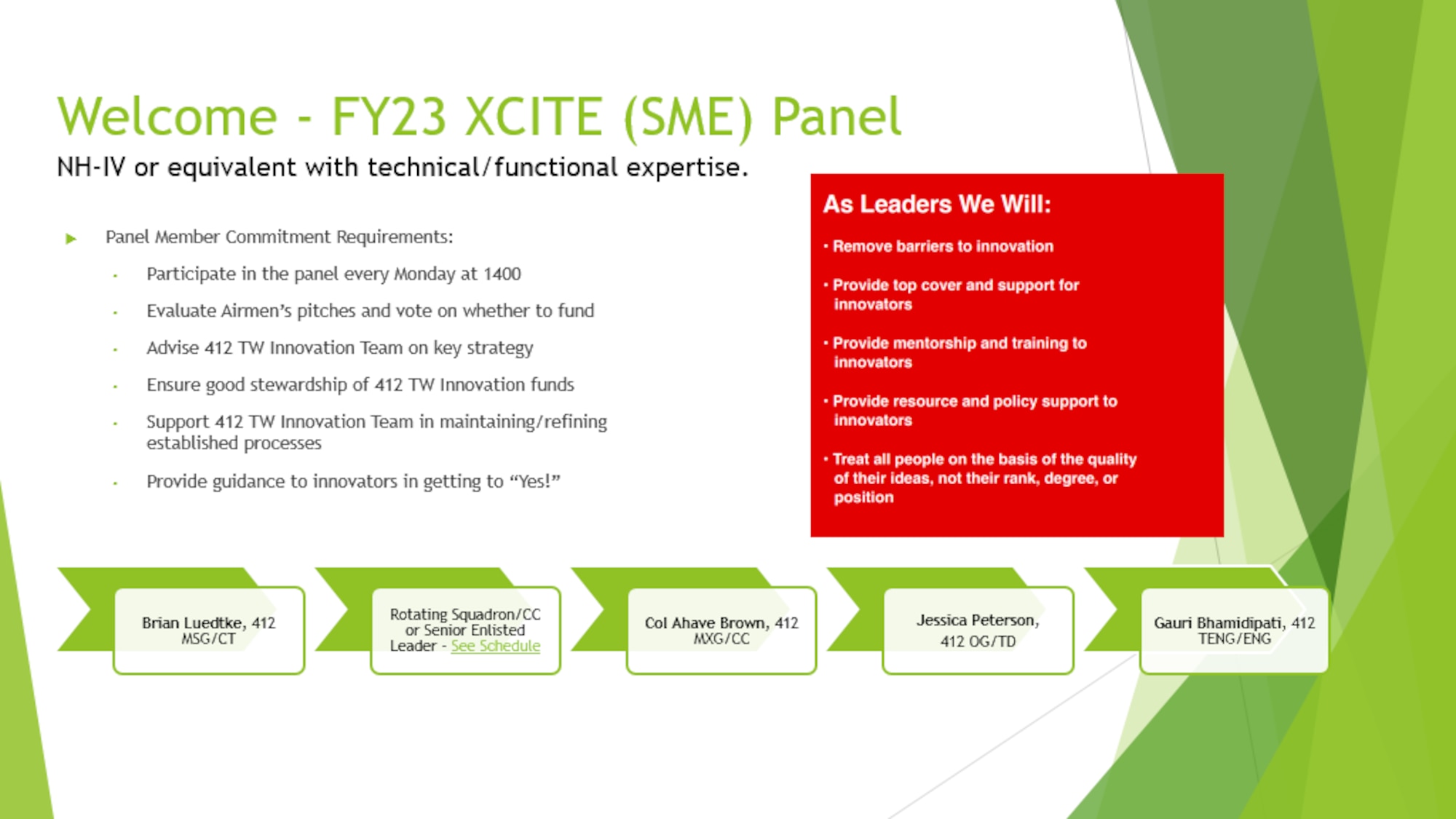 Every Monday at 1400 on MS Teams Airman can bring their requests to the XCITE (SME) Panel to request resource approval (e.g. funding, leadership
buy-in, or facilitation assistance from XPOI).