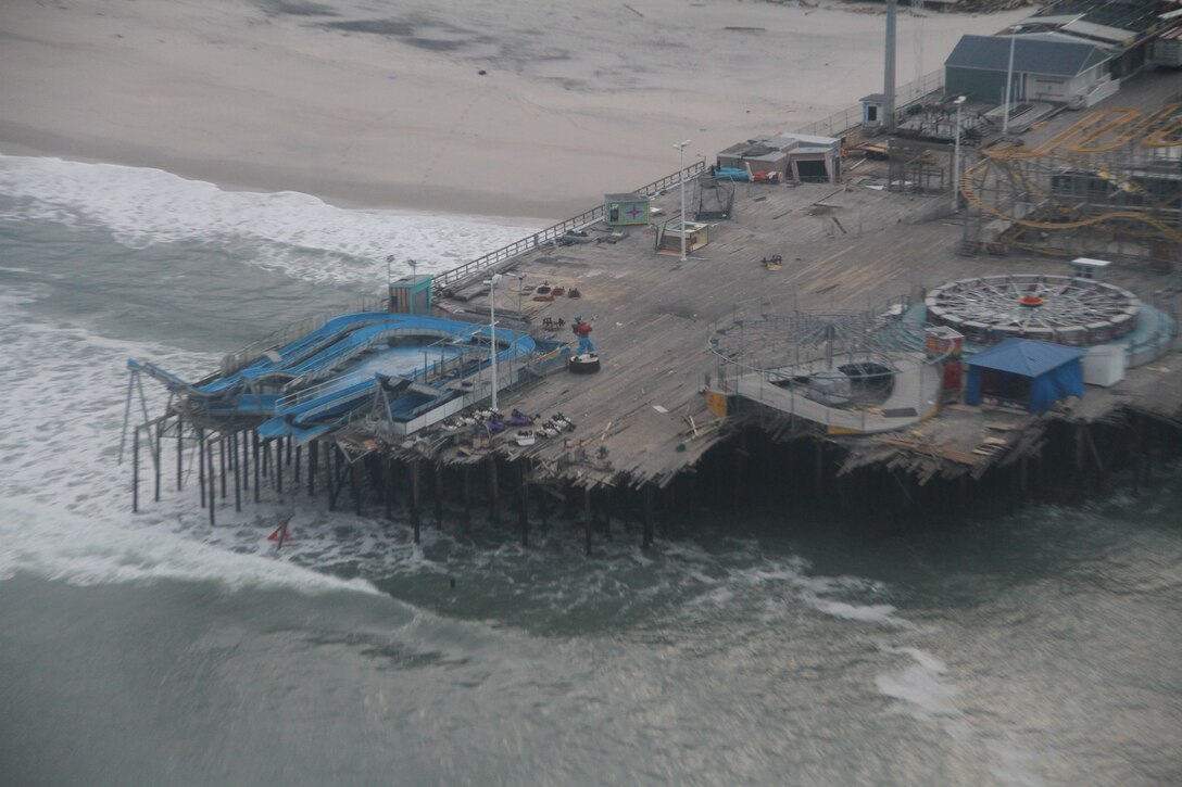 Aerial view of destruction to casino pier after Hurricane Sandy.
