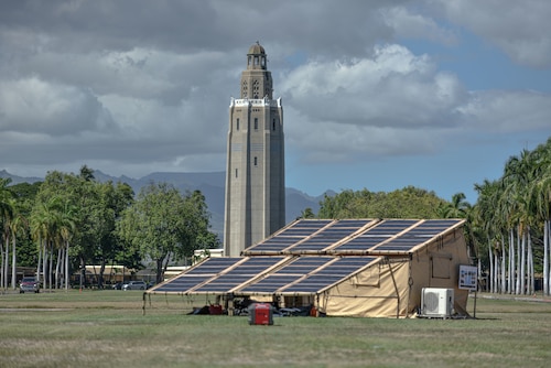 Aloha Spark, 15th Wing innovation cell, host an innovation demonstration, highlighting emerging technologies at Joint Base Pearl Harbor-Hickam, Hawaii, Oct. 18, 2022. The Solar Powered Expeditionary Tent System properly aligns solar, energy storage, cooling and heating for a fully off grid expeditionary system.  (U.S. Air Force photo by Tech. Sgt. Anthony Nelson Jr.)