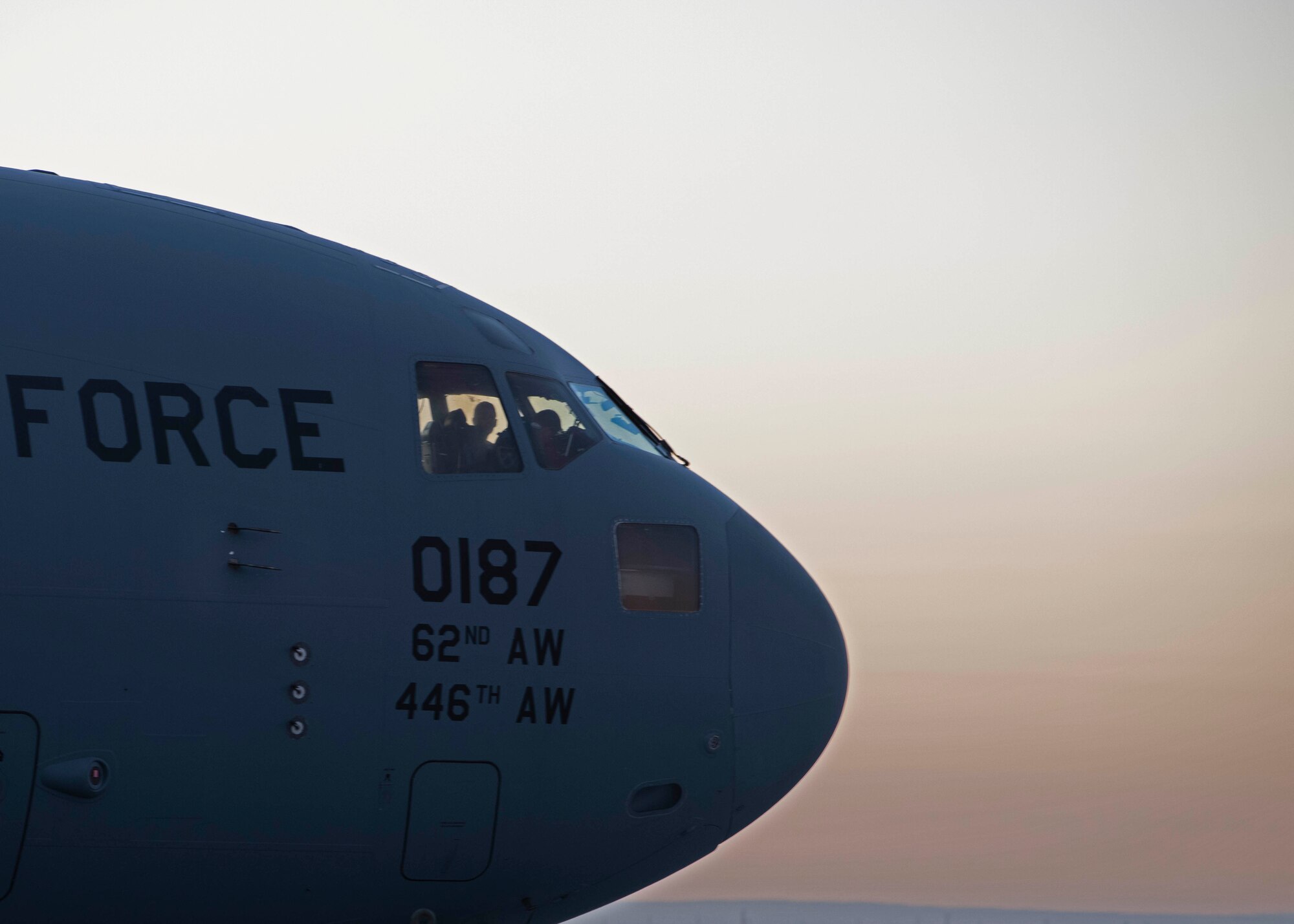 Pilots with the simulated 7th Expeditionary Airlift Squadron prepare for takeoff C-17 Globemaster III aircraft during Exercise Rainier War 22B at Mountain Home Air Force Base, Idaho, Oct. 18, 2022. Airmen from multiple Team McChord units came together to form the 7th EAS during Rainier War 22B; which is a full-scale readiness exercise simulating a deployment in support of U.S. Indo-Pacific areas of responsibility. (U.S. Air Force photo by Staff Sgt. Zoe Thacker)