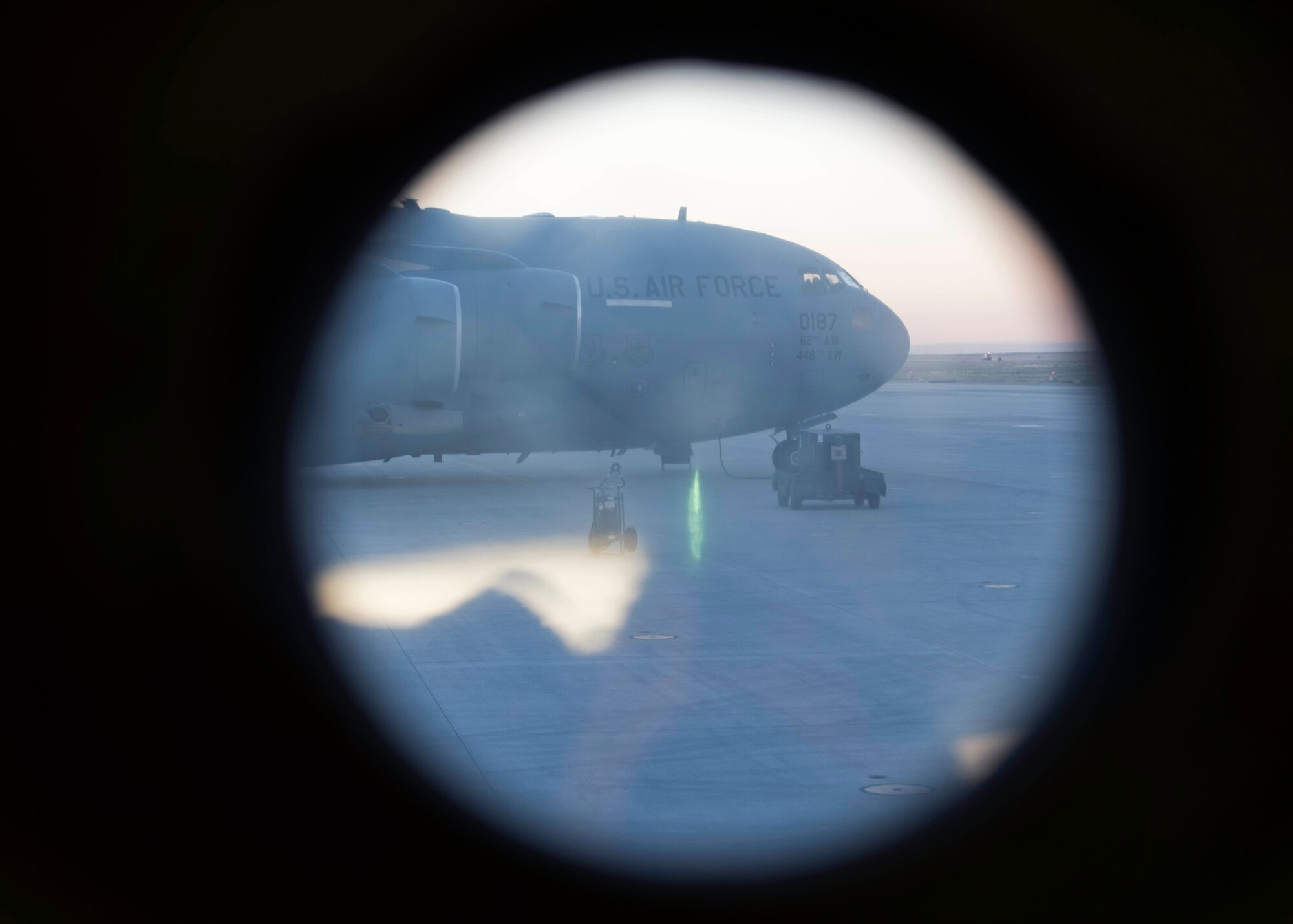 A C-17 Globemaster III aircraft from the 62d Airlift Wing is readied for takeoff during Exercise Rainier War 22B at Mountain Home Air Force Base, Idaho, Oct. 18, 2022. Exercise Rainier War is used to evaluate and exercise Team McChord’s ability to generate, employ and sustain Rapid Global Mobility into and in support of U.S. Indo-Pacific areas of responsibility. (U.S. Air Force photo by Staff Sgt. Zoe Thacker)