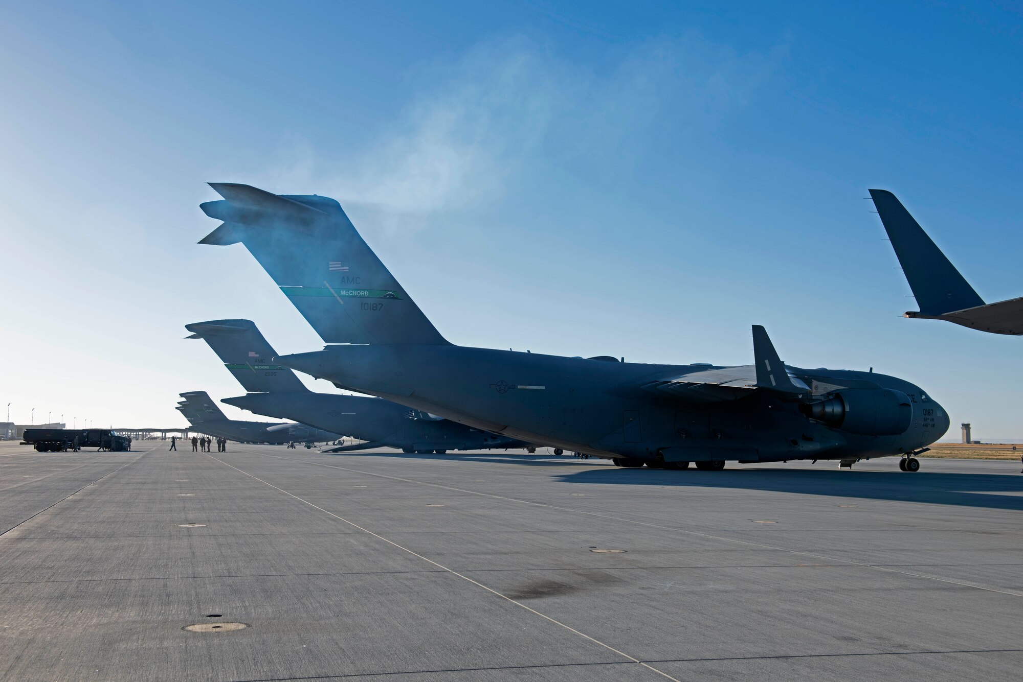 A fuel truck is being prepared to be loaded onto a C-17 Globemaster III aircraft during Exercise Rainier War 22B at Mountain Home Air Force Base, Idaho, Oct. 17, 2022. Rainier War is a semi-annual exercise designed to demonstrate the 62d Airlift Wing, 627th Air Base Group and 446th Airlift Wing’s ability to generate, employ and sustain airlift operations. (U.S. Air Force photo by Staff Sgt. Zoe Thacker)