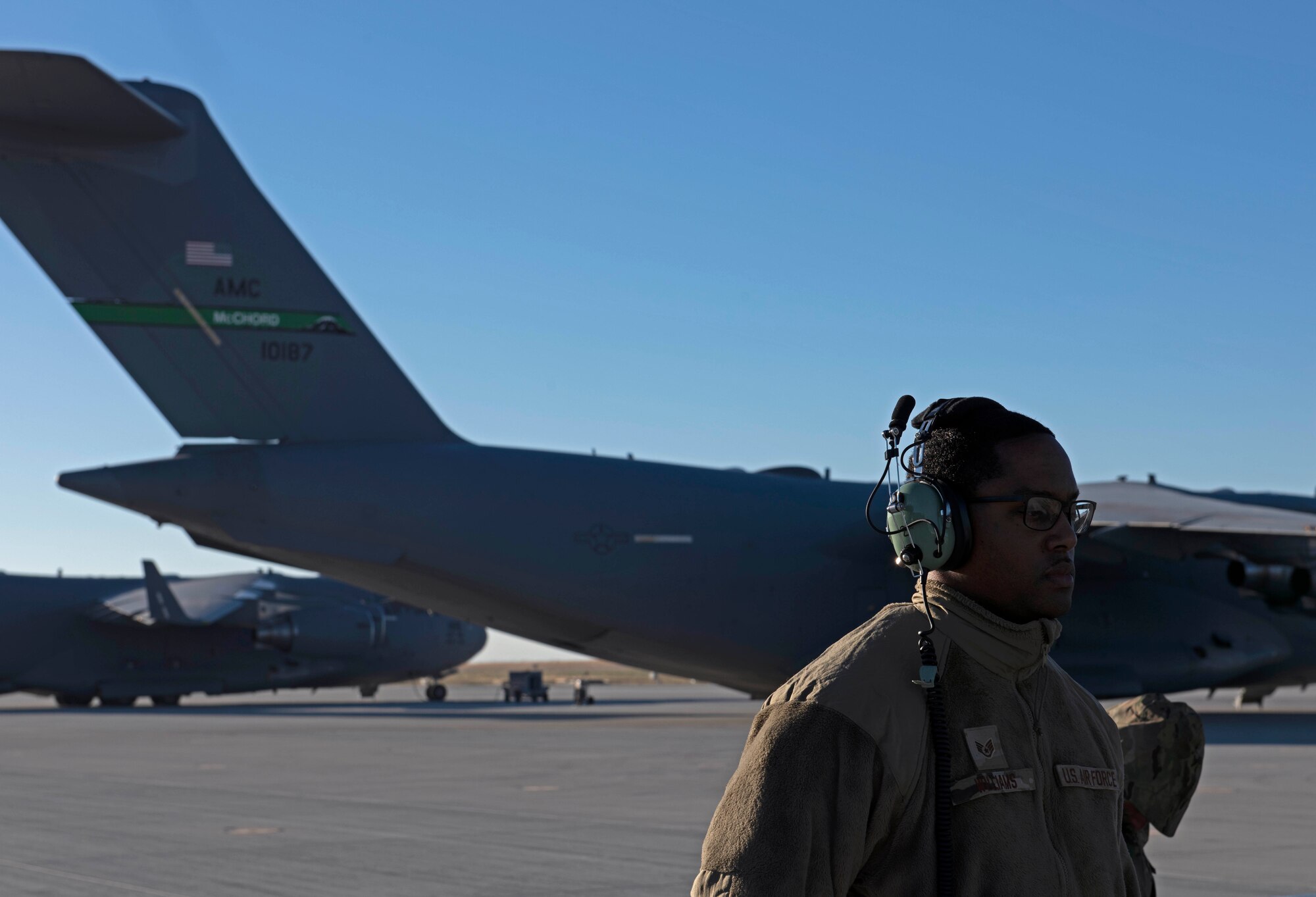 U.S. Air Force Staff Sgt. Nicholas Williams, avionics technician with the 62d Aircraft Maintenance Squadron, participates in Exercise Rainier War 22B at Mountain Home Air Force Base, Idaho, Oct. 17, 2022. Airmen from multiple Team McChord units came together to form the 7th Expeditionary Airlift Squadron during Rainier War 22B; which is a full-scale readiness exercise simulating a deployment in support of U.S. Indo-Pacific areas of responsibility. (U.S. Air Force photo by Staff Sgt. Zoe Thacker)