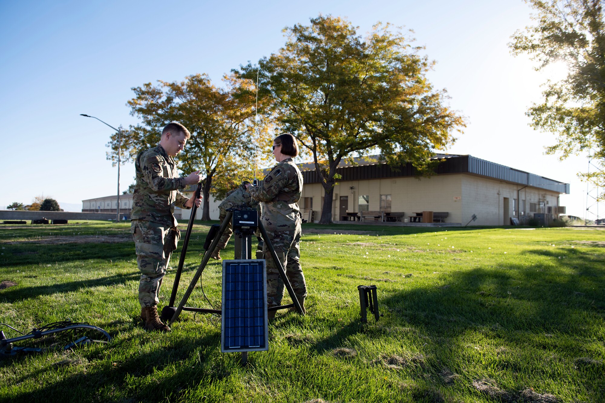 U.S. Airmen with the 62d Operations Support Squadron assemble a meteorological sensor in preparation for Exercise Rainier War 22B at Mountain Home Air Force Base, Idaho,  Oct. 16, 2022. Rainier War 22B is a full-scale readiness exercise with an Air Force Generation prioritization; demonstrating the ability to generate, employ and sustain a combat force during a rigorous wartime scenario. (U.S. Air Force photo by Staff Sgt. Zoe Thacker)
