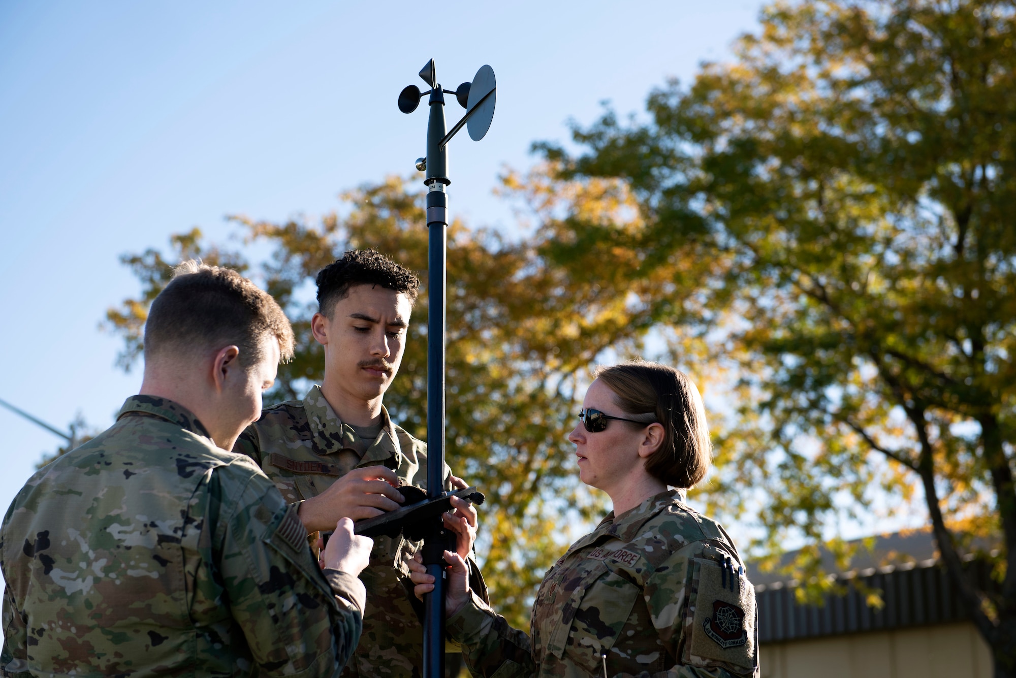 U.S. Airmen with the 62d Operations Support Squadron assemble a meteorological sensor in preparation for Exercise Rainier War 22B at Mountain Home Air Force Base, Idaho,  Oct. 16, 2022. Rainier War 22B is a full-scale readiness exercise with an Air Force Generation prioritization; demonstrating the ability to generate, employ and sustain a combat force during a rigorous wartime scenario. (U.S. Air Force photo by Staff Sgt. Zoe Thacker)
