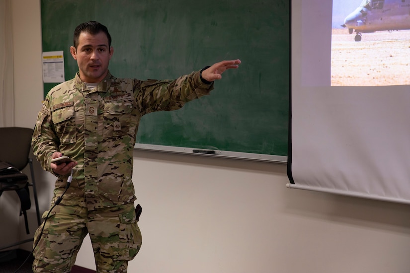 Alaska Air National Guard Senior Master Sgt. Jeremy Maddamma, a pararescueman in the 212th Rescue Squadron, speaks during a National Disability Employment Awareness Month observation luncheon on Joint Base Elmendorf-Richardson, Alaska, Oct. 19, 2022. During the month of October, the Alaska National Guard joins the Department of Defense in recognized the contributions and accomplishments of the men and woman with disabilities that strengthen the Nation. (Alaska National Guard photo by Victoria Granado)