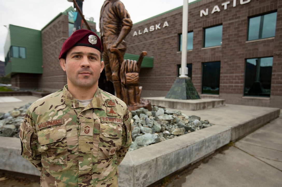 Alaska Air National Guard Senior Master Sgt. Jeremy Maddamma, a pararescueman in the 212th Rescue Squadron, speaks during a National Disability Employment Awareness Month observation luncheon on Joint Base Elmendorf-Richardson, Alaska, Oct. 19, 2022. During the month of October, the Alaska National Guard joins the Department of Defense in recognized the contributions and accomplishments of the men and woman with disabilities that strengthen the nation. (Alaska National Guard photo by Victoria Granado)