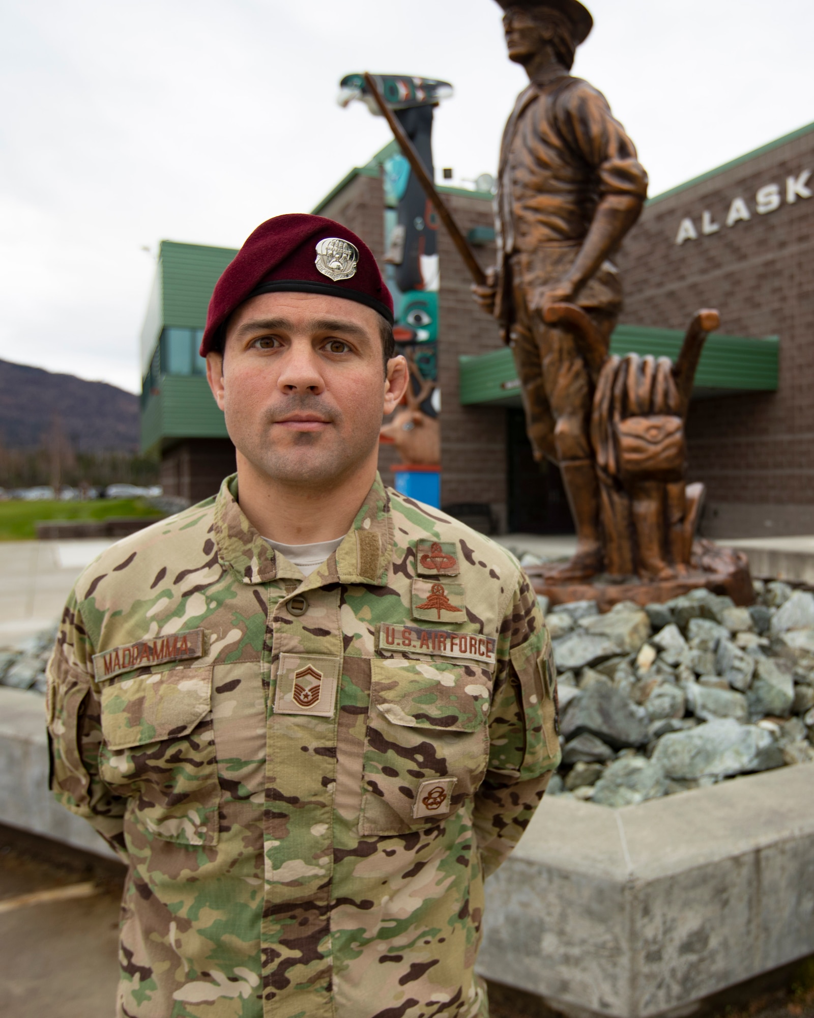 Alaska Air National Guard Senior Master Sgt. Jeremy Maddamma, a pararescueman in the 212th Rescue Squadron, speaks during a National Disability Employment Awareness Month observation luncheon on Joint Base Elmendorf-Richardson, Alaska, Oct. 19, 2022. During the month of October, the Alaska National Guard joins the Department of Defense in recognized the contributions and accomplishments of the men and woman with disabilities that strengthen the Nation. (Alaska National Guard photo by Victoria Granado)