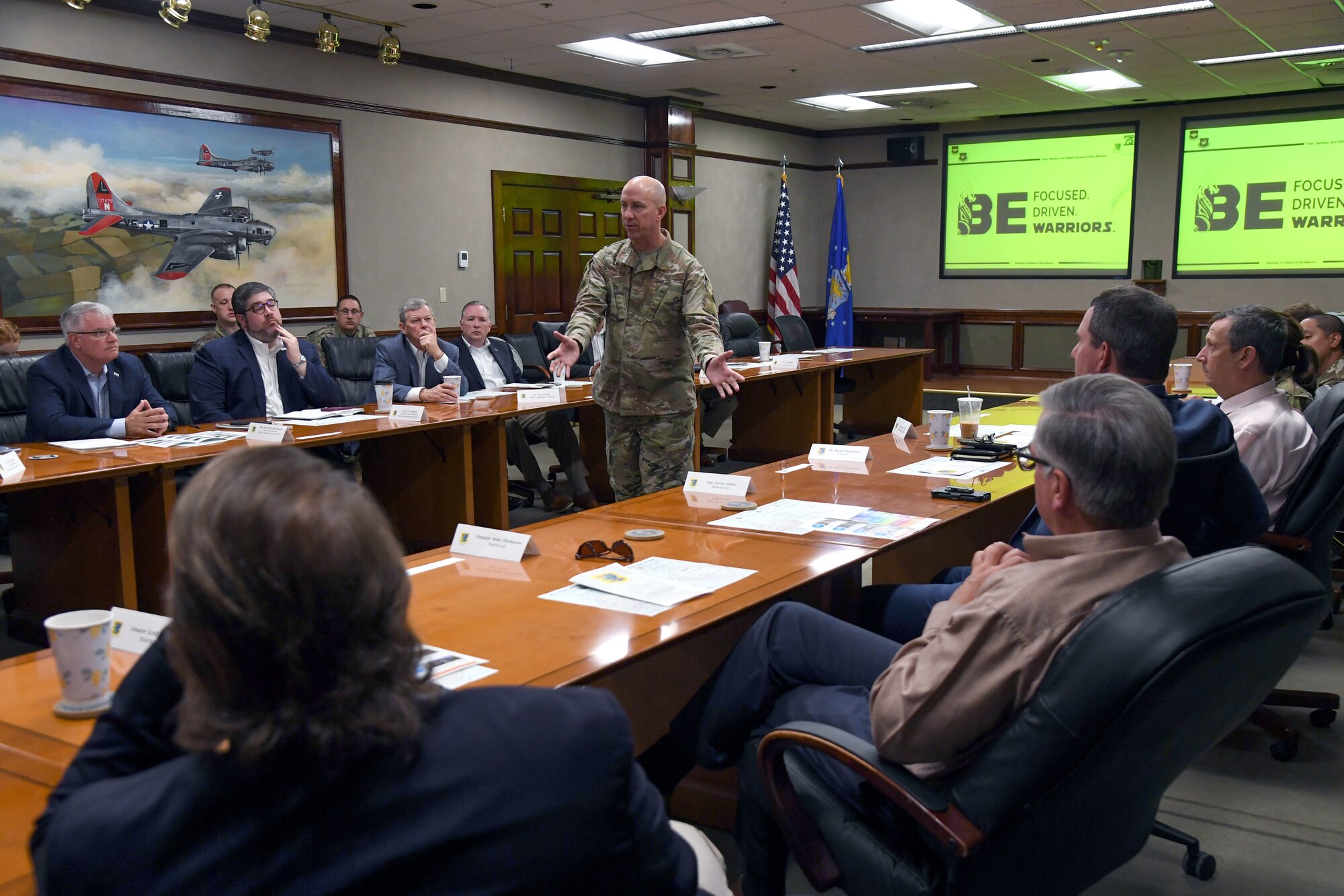 Senator W. Briggs Hopson, III, Mississippi State Senate District 23 senator, asks a question during an overview of the proposed site for the new Cyber Center to members of the State Delegation and the Mississippi State Delegation at Keesler Air Force Base, Mississippi, Oct. 25, 2022.